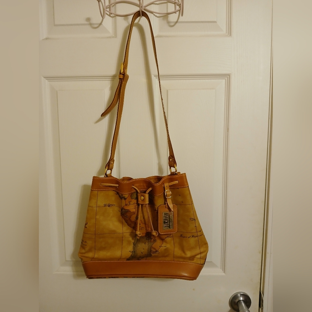 Vintage Alviero Martini Map Print Tan Bucket Bag